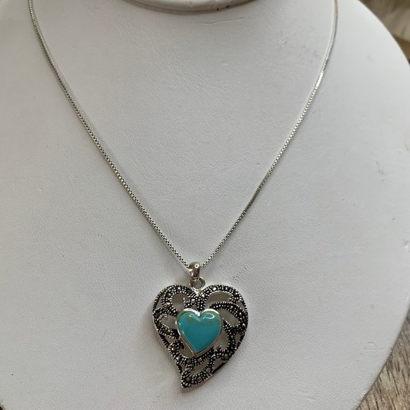 SALE!! 925 Marcasite & Turquoise Heart Necklace